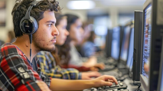 Foto estudantes trabalhando em computadores em um laboratório de computadores