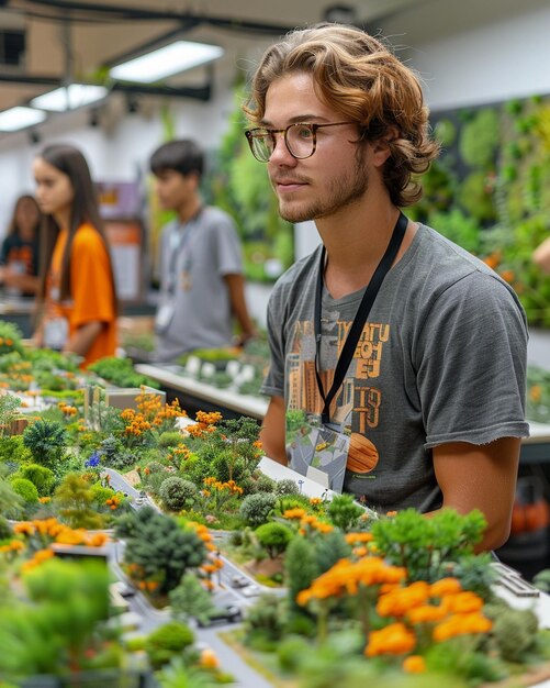 Estudantes trabalhando em um projeto de grupo de design de fundo