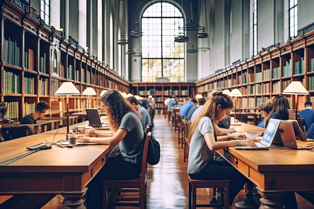 Estudantes universitários de conexão digital unindo conhecimento e tecnologia em sessões de estudo em bibliotecas
