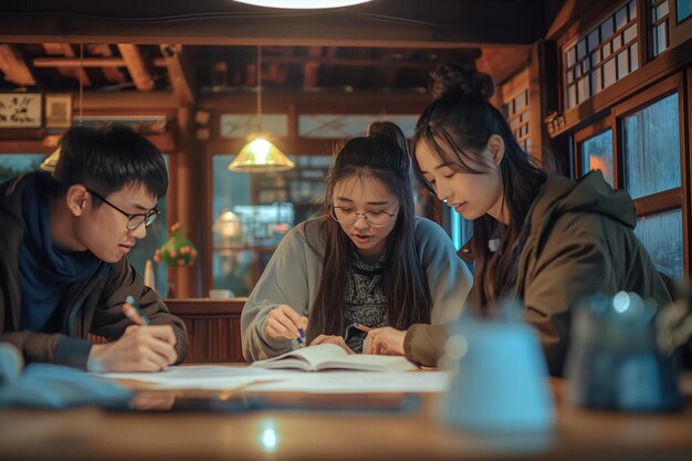 Estudantes universitários em sessão de estudo em grupo na biblioteca do campus