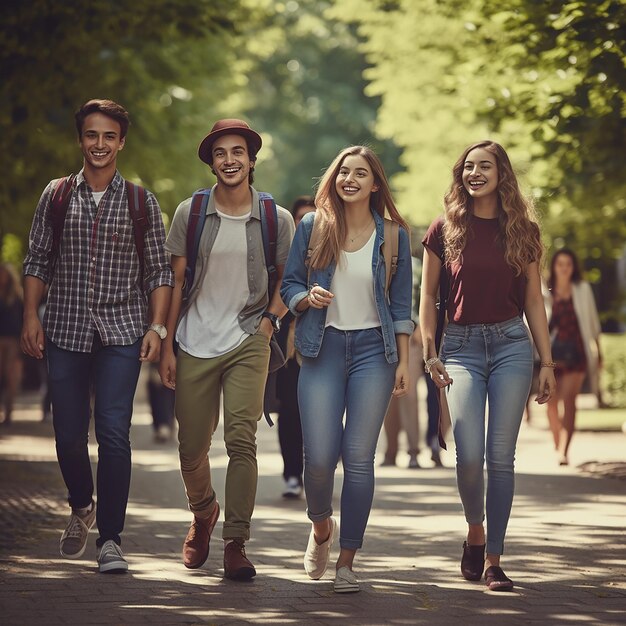 Estudantes universitários felizes caminhando juntos
