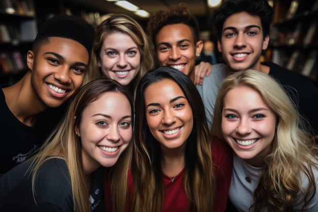 Estudantes universitários internacionais felizes e amigáveis abraçando pose na biblioteca perto das estantes Grupo de divertidos millennials olhando para o conceito de relacionamento de câmera