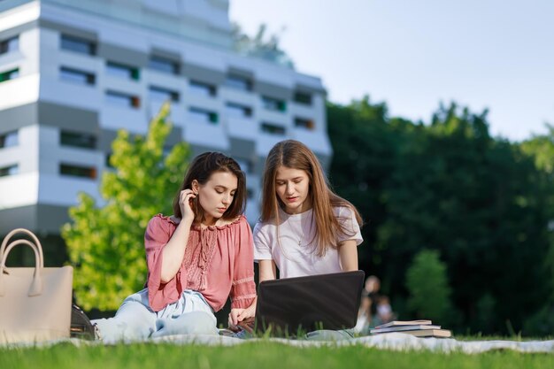 Estudantes universitários sentados na grama trabalhando no laptop no campus