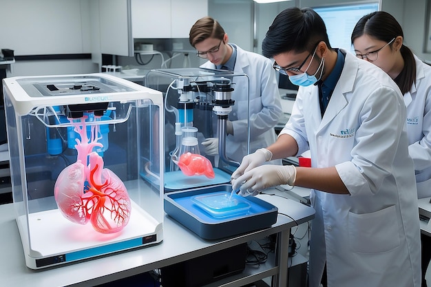 Foto estudantes usando bioprinters 3d para criar órgãos artificiais para pesquisa médica