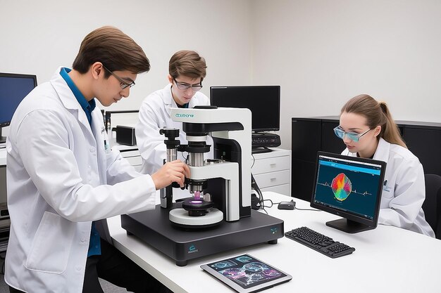 Foto estudantes usando equipamentos avançados de espectroscopia para análise química