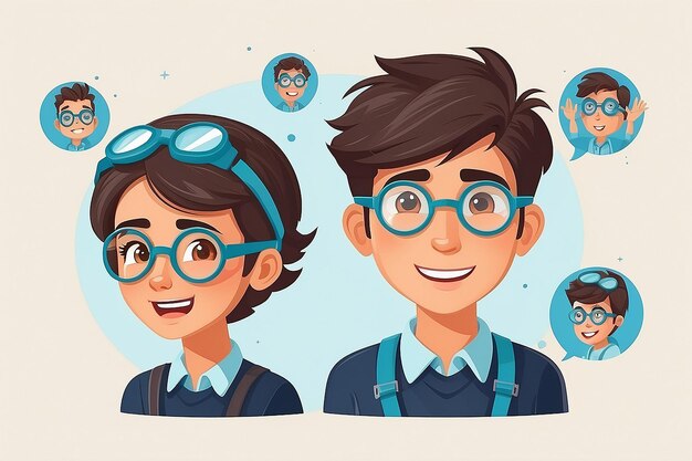 Estudantes usando óculos de laboratório com diferentes expressões ilustração vetorial em estilo plano