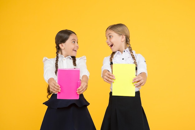 Estudar juntos Crianças estudantes fofos Alunas melhores amigas excelentes alunas Amizade escolar Alunas usam uniforme escolar Dia do conhecimento Dia escolar Menina com livros de cópia ou pastas de trabalho