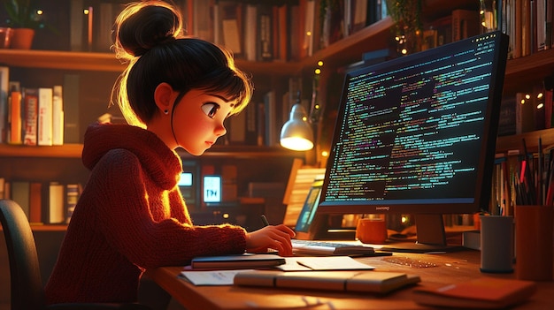 Estudiando en su escritorio rodeada de libros y programas generativos.