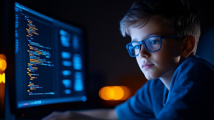 Foto un estudiante de 20 años está haciendo la tarea en la computadora y la red neuronal en la pantalla está ayudando