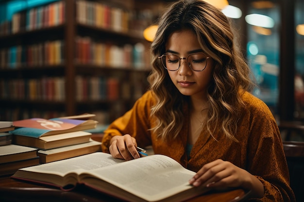 Estudiante absorto en un libro con gafas embarcándose en un viaje de conocimiento en una ventana de luz tubular