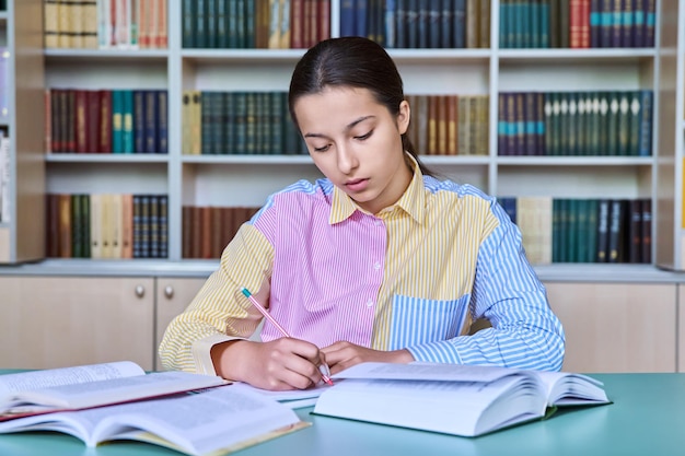 Estudiante adolescente estudiando en la biblioteca escolar