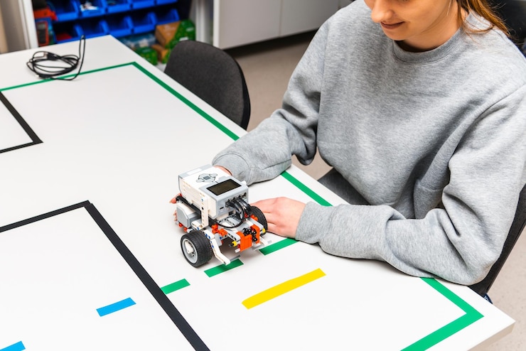 Foto estudiante adolescente con robot diy en clase de educación de tallo científico adolescente trabajando en un nuevo proyecto de educación de tallo aprendiendo a programar vehículo robótico