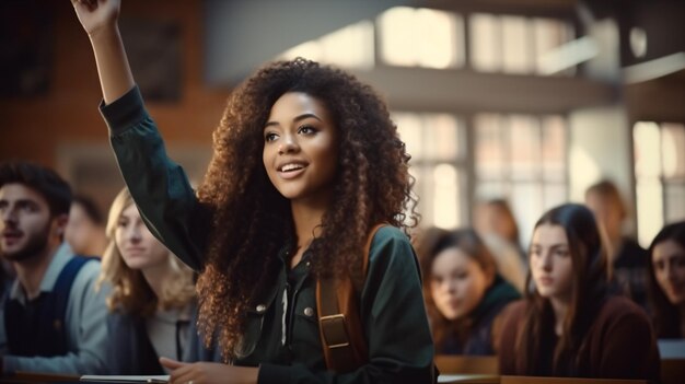 Foto estudiante afroamericana feliz levantando la mano para hacer una pregunta durante una conferencia en el aula