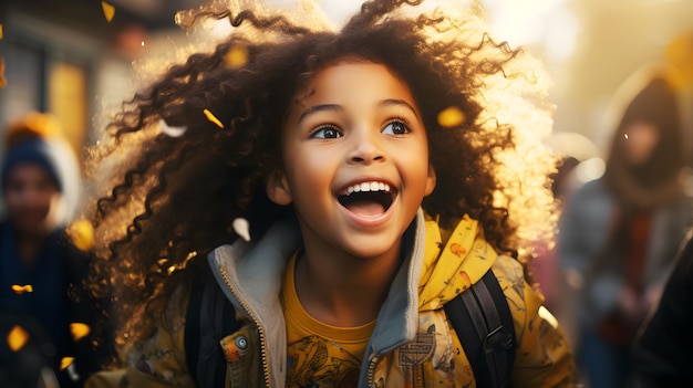 Una estudiante afroamericana de primaria sonriente con el pelo rizado sonríe cerca del autobús escolar amarillo Otoño