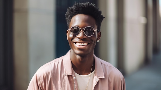 Estudiante afroamericano con gafas en la calle de la ciudad