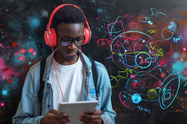 Un estudiante afroamericano con una tableta en las manos y auriculares en un fondo surrealista