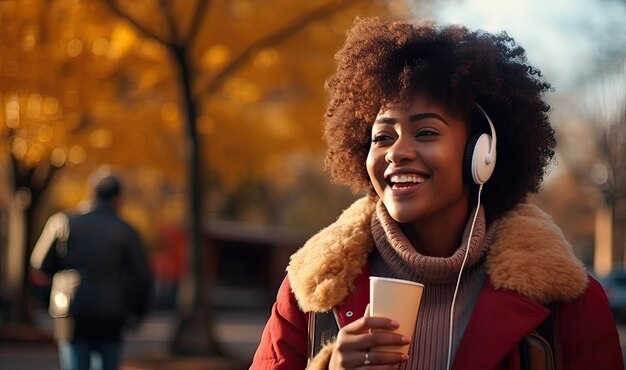 Estudiante afroamericano tomando café instantáneo en el parque mientras escucha un podcast