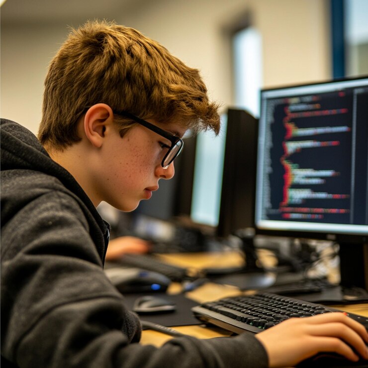 Foto un estudiante aprende a codificar utilizando una plataforma interactiva en línea con retroalimentación en tiempo real sobre su pr