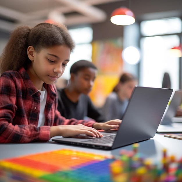 Foto un estudiante aprende a usar la tecnología