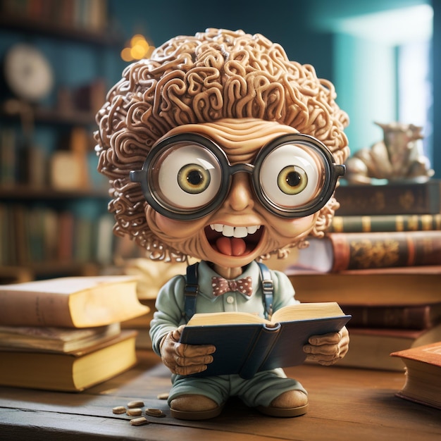 Estudiante aprendiendo nuevas habilidades cerebro humano con gafas está leyendo un libro conocimiento educación