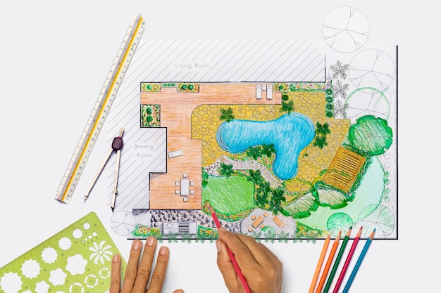 Foto estudiante de arquitecto paisajista que diseña el jardín del patio trasero y el plan de la piscina para la villa.