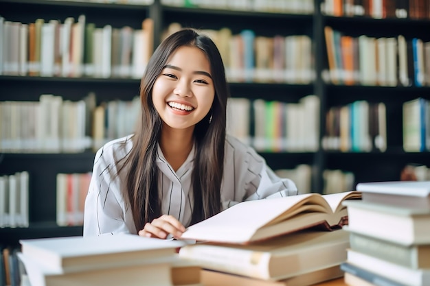una estudiante asiática en la biblioteca