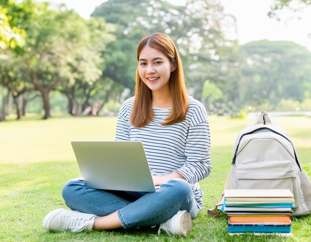 Estudiante asiática feliz usando portátil para lean en el parque japonés en la escuela de concepto de educación