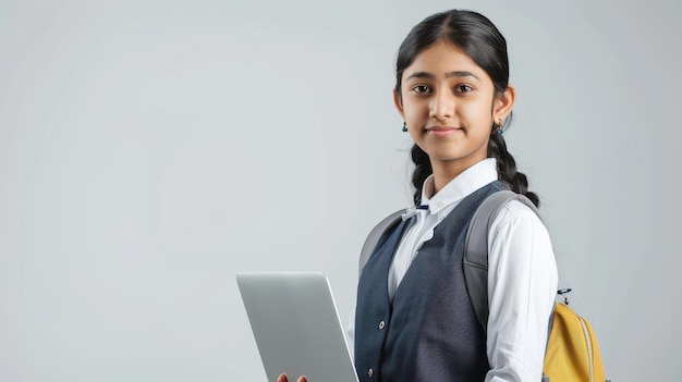 Estudiante asiática en uniforme sosteniendo una computadora portátil de pie sola contra un fondo blanco