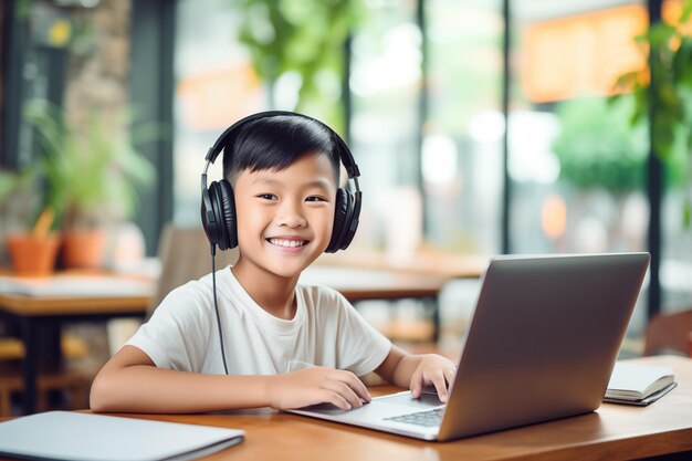 Un estudiante asiático feliz estudiando en línea usando una computadora portátil con auriculares sentado en el escritorio