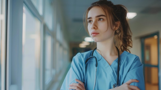 Estudiante de atención médica en el hospital con bata y mirada reflexiva