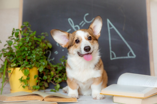 Estudiante cachorro corgi galés con gafas cerca de la pizarra el concepto de educación