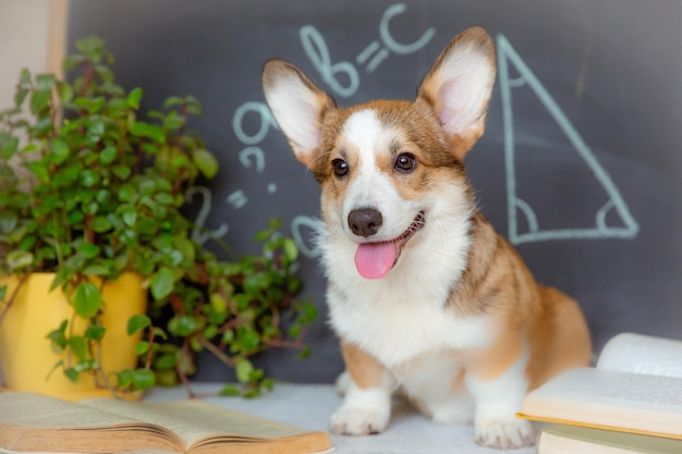 Estudiante cachorro corgi galés con gafas cerca de la pizarra el concepto de educación