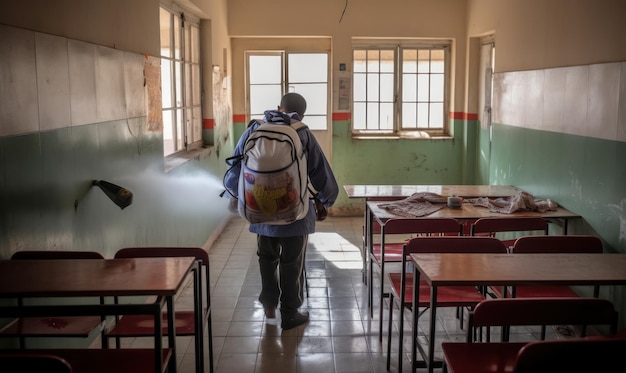 Un estudiante camina en un salón de clases con una mochila a la espalda.