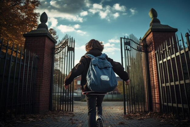 Foto estudiante caminando hacia la puerta de la escuela