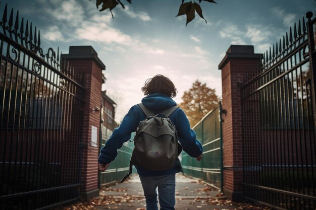 Foto estudiante caminando hacia la puerta de la escuela