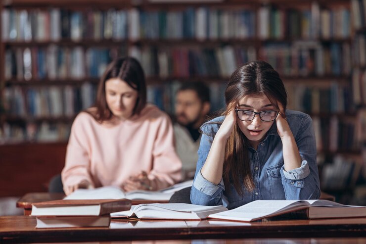 Estudiante cansado haciendo la tarea en la biblioteca universitaria