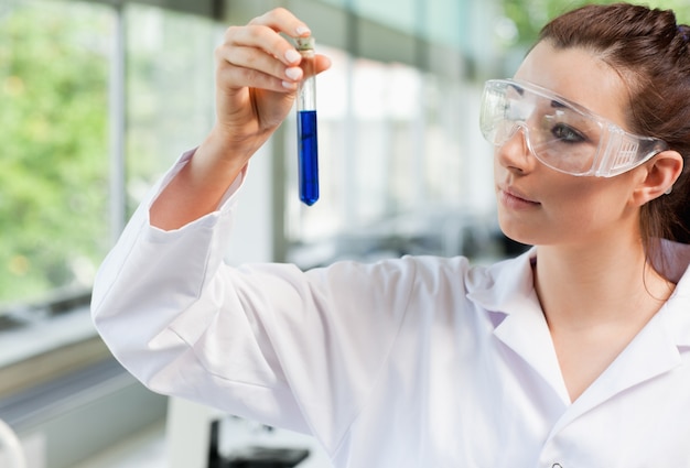 Estudiante de Ciencias mirando un tubo de ensayo