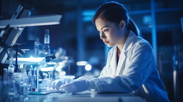 Foto estudiante de ciencias pipeteando en el laboratorio