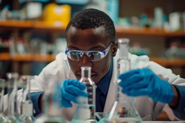 Un estudiante científico llevando a cabo un experimento en un laboratorio