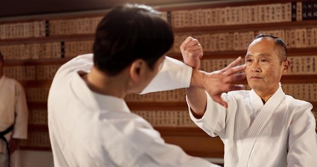 Estudiante de clase de Aikido y sensei para el aprendizaje de artes marciales y consejos para el combate en el gimnasio de entrenamiento y dojo la gente japonesa bloquea y deportes con entrenamiento de lucha o fitness para conflicto zen o club