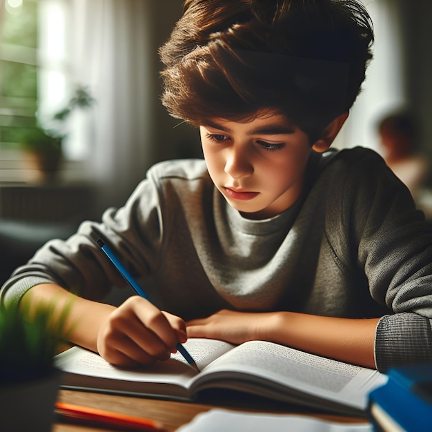 Un estudiante se concentra en hacer su tarea mientras está sentado en la mesa Concepto de educación en el hogar