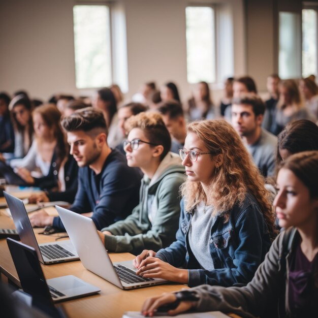 Estudiante concentrada usando una computadora portátil en clase con otros estudiantes en el fondo