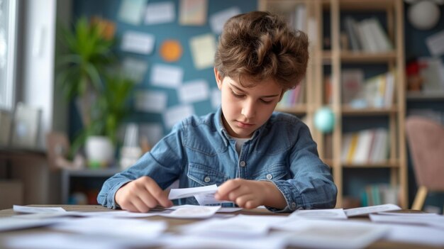 Foto un estudiante diligente haciendo tarjetas para reforzar el vocabulario para una próxima prueba de idioma