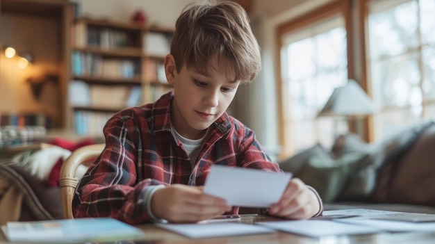 Foto un estudiante diligente haciendo tarjetas para reforzar el vocabulario para una próxima prueba de idioma