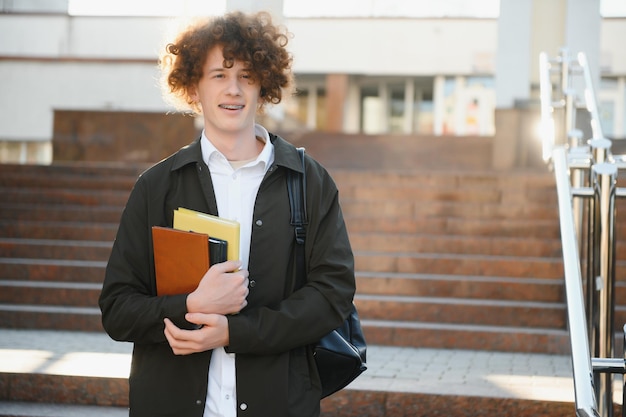 Estudiante emocionado que tiene un descanso entre clases cerca de la universidad sonriendo a la cámara al aire libre