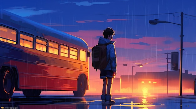 Estudiante entrando en la escuela al amanecer de vuelta a la escuela acaba de llover y el suelo está mojado ilustrado México