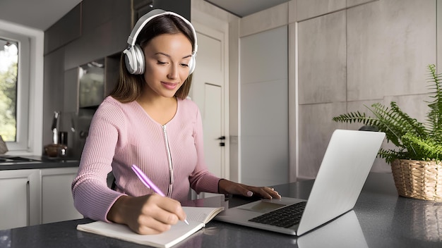 Una estudiante escribe notas en un cuaderno, estudia en Internet, una joven estudiante escucha conferencias en línea usando auriculares, una mujer en una mesa en casa usa una computadora portátil.