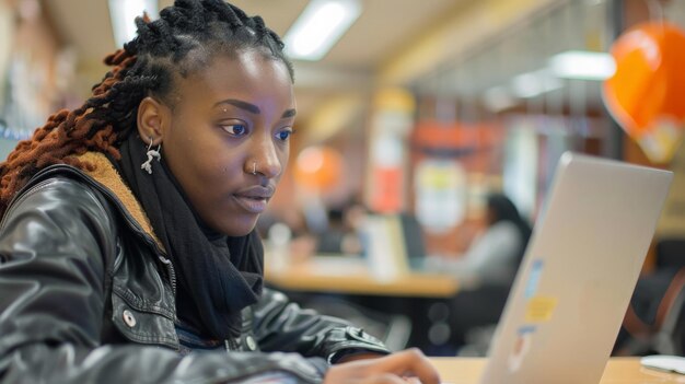 Un estudiante escribiendo en una computadora portátil participando en una discusión en línea con compañeros de clase visibles en la pantalla