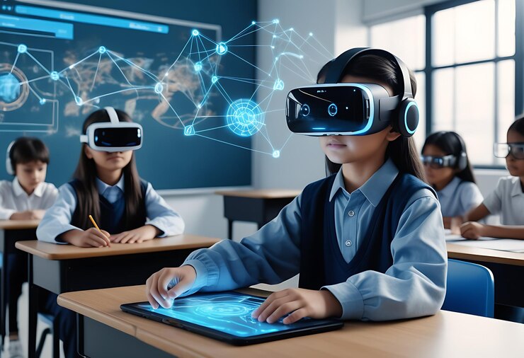 Estudiante de escuela con auriculares de realidad virtual usando tecnología de inteligencia artificial (IA) aprendizaje automático Tecnología interactiva en el aula Innovación tecnología inteligente AI holograma azul en la educación