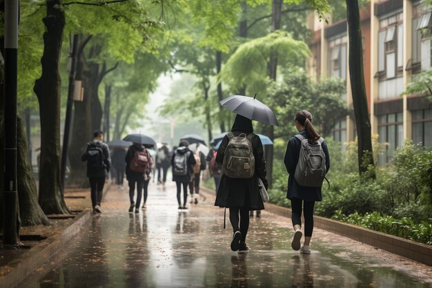 Un estudiante está caminando por la calle y sostiene un paraguas